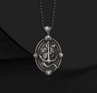 Collar colgante de plata de ley 925 oxidado con ancla de sirena libre de impuestos Foto 1 de 4