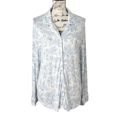 Pijama Cozy Earth Feminino Manga Longa Azul e Branco Floral Bambu Macio Tamanho M - Imagem 1 de 4