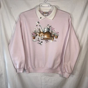 Vintage Morning Sun Woman's "Garden Cat" Collarded Pink Sweatshirt Size Large - Picture 1 of 6