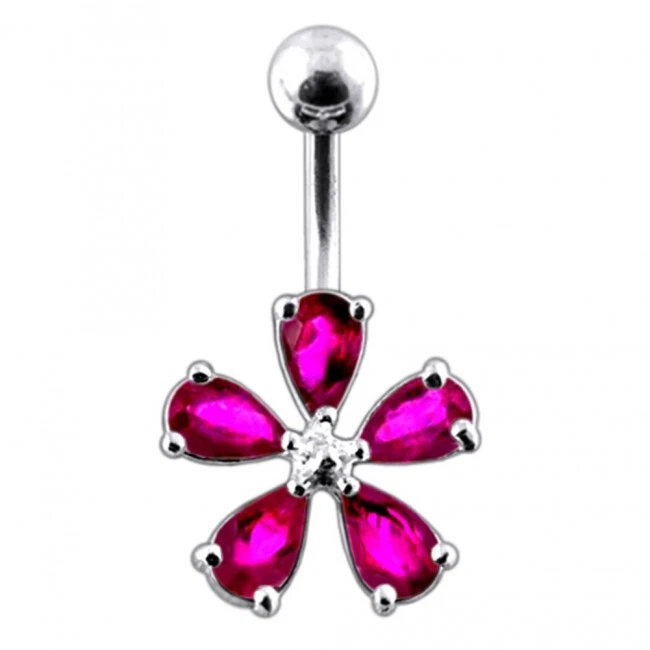 Sterling Silver Belly Bar Dark Pink Crystal Flower Navel Piercing Ring - Image 1 of 1