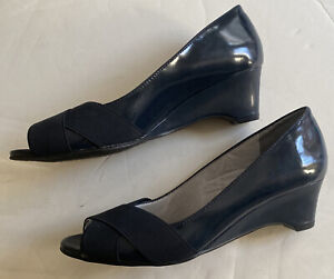 Life Stride Women Shoes 7.5 Medium Navy Wedge Heels Open Toed