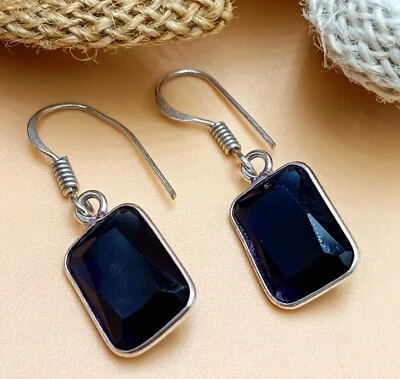 1 par de ganchos para mujer de vidrio topacio facetado azul enchapado en plata de ley 925 Foto 1 de 3