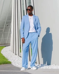 Trajes de verano para hombre pantalones sueltos con solapa de muesca al aire libre informales de un solo pecho - Imagen 1 de 16