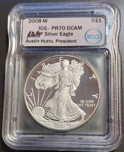 2008-W 1 Oz PP American Silver Eagle ICG PR70 DCAM Austin Hutto Signed Label! - Bild 1 von 2