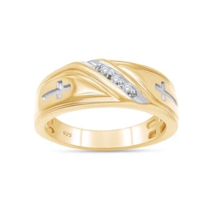 18K Yellow Gold Plated Sterling Diamond Cross Wedding Band Men's - Picture 1 of 8