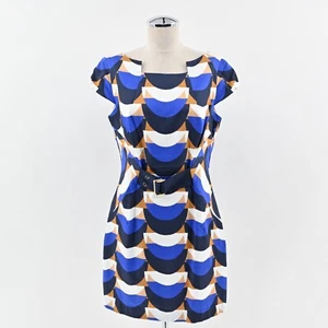 MILLY Mini Sheath Dress Size 10 Blue Geometric Print Cotton Boat Neck Retro USA - Picture 1 of 12
