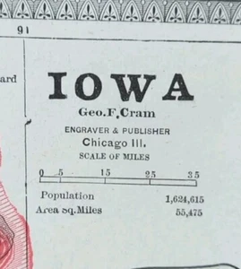 Vintage 1884 IOWA Map 13"x11" Old Antique Original DES MOINES IOWA CITY WATERLOO - Picture 1 of 4