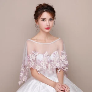 Spring Summer Bridal Wedding Lace Shawl Tulle Cloak Blouse Pink Flowers Tops - Picture 1 of 6