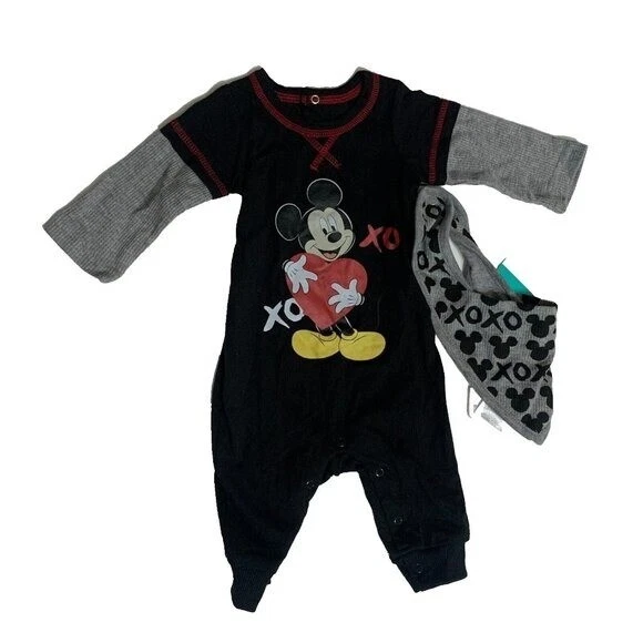Disney Mickey Mouse 2 Piece XOXO Romper & Bandana Bib Size 0-3 Months