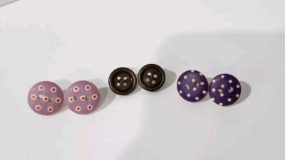 Cute Wooden Button Earrings Bundle Lot of 3 Studs Purple Polka Dots Artsy - Image 1 of 4