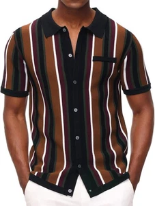 Herren Kurzarm Strickshirt Vintage Streifen Reverskragen Poloshirt - Bild 1 von 19