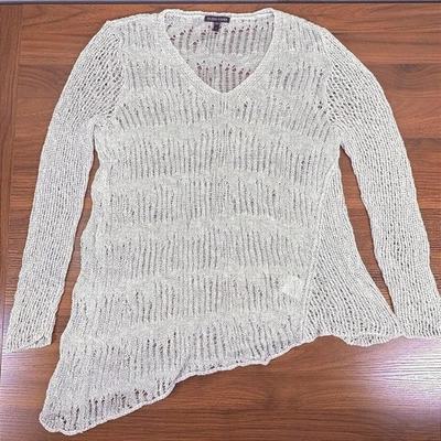 Suéter de punto abierto Eileen Fisher dobladillo asimétrico crema mezcla de lino crochet Top L Foto 1 de 4