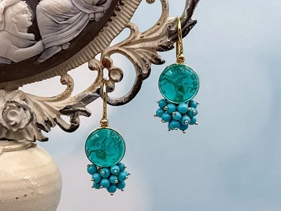 Pendientes TAGLIAMONTE Designs (249E) 925SS/YGP Intaglio*Turquesa*Reg. $325 Foto 1 de 4