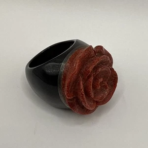 Vintage Sponge Coral & Onyx Band Handcarved Ring Sz 9 Sterling Silver Stripe - Picture 1 of 4