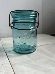 Vintage Ball Sure Seal Pint Einmachglas blau Aqua Drahtbügel mit Deckel - 1930er USA - Bild 1 von 14