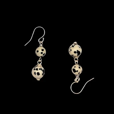 Pendientes de piedras preciosas de jaspe dálmata blanco y negro - alambres sólidos de plata de ley 925 Foto 1 de 4