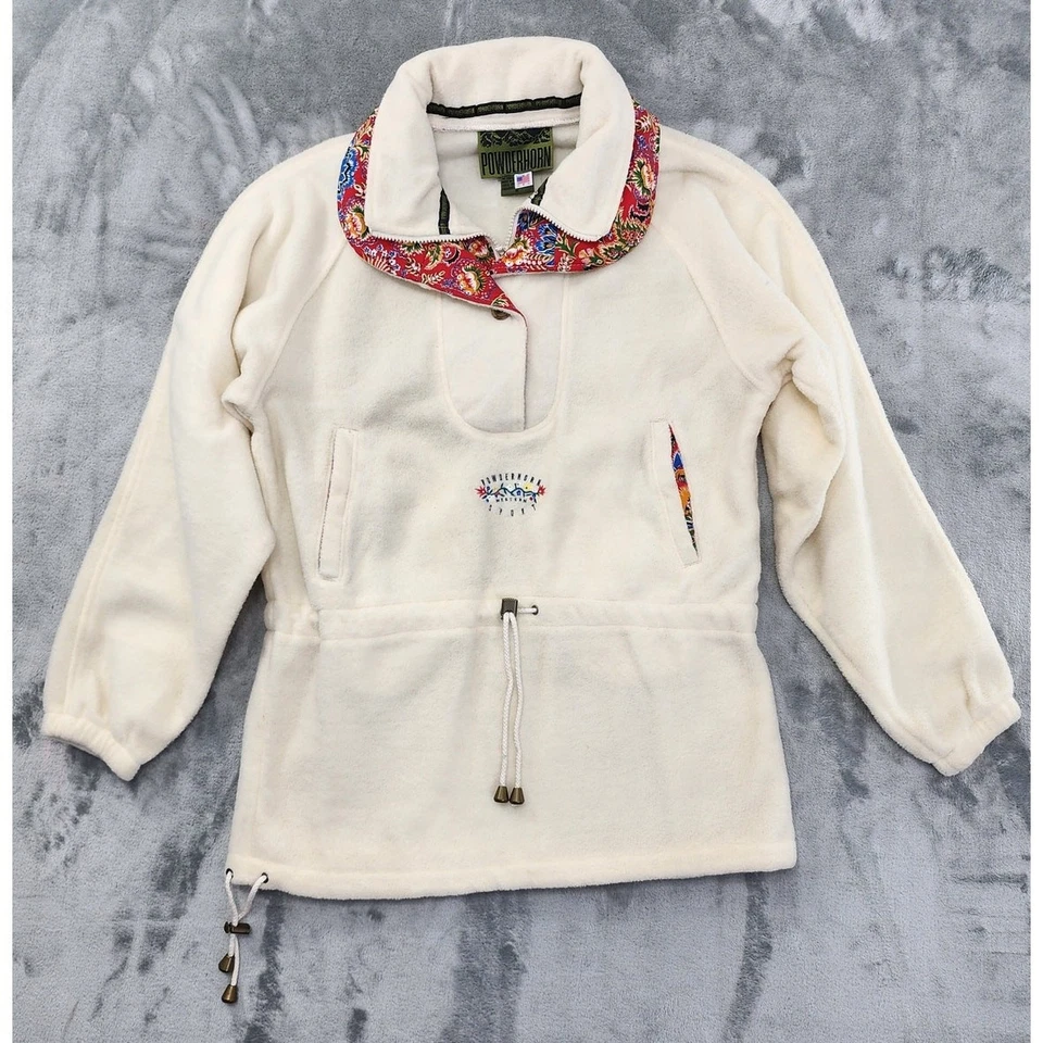 Vintage 80s Powderhorn Fleece Zip Neck Pullover Skiing Jacket Size M Cream Warm - Image 1 of 4