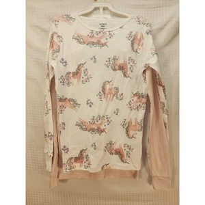 2 Carters Shirts Girls Size 12 Unicorns Long Slevee Crew Neck Pink White - Picture 1 of 6
