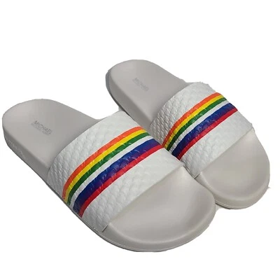 Sandalias Michael Kors Mujer Deslizables MK Gilmore Blanco Arco Iris Logo Piscina PU Talla 8 Nuevas Foto 1 de 4