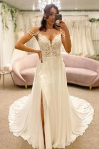 Sexy Wedding Dresses Chiffon Off The Shoulder Lace Sweep Train Bridal Gowns - Foto 1 di 3