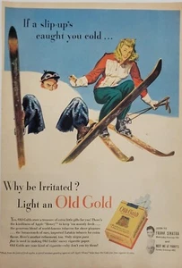 Old Gold Cigarettes Why Be Irritated Light 1949 un viejo oro esquí nieve anuncio impreso de colección - Imagen 1 de 1