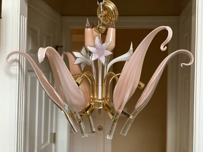 MURANO Palm Beach Italian Art Glass Nouveau Calla Lily Brass Chandelier 36” Wide - Image 1 of 4