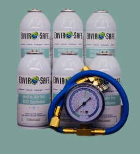 Arctic Air for R22 | 6 Cans + Brass Gauge  | 4oz EnviroSafe | Get Colder Air! - Picture 1 of 6