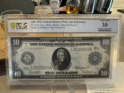 AC Fr 951a 1914 $10 San Francisco PCGS 30 VF White/Mellon Blue Seal - Image 1 of 2