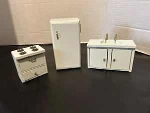 Fregadero de cocina vintage miniatura de madera blanca de 3 piezas para casa de muñecas - Imagen 1 de 3