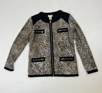 Neiman Marcus Sz L Womens Jacket Leopard Sequins Goldtone Old Money Full Zip - Image 1 of 4