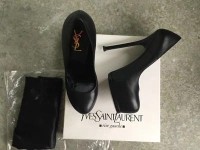 Novo na caixa YSL Yves Saint Laurent tamanho IT 38,5 PRETO tributo dois sapatos de plataforma de couro - Imagem 1 de 4