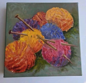 Knitting Painting Ell Barber Signed 10" Square Wrap Canvas Acrylic Colorful Art - Picture 1 of 21