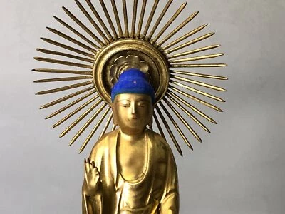 Y7726 STATUE wooden standing Amitabha Buddha Amida Nyorai figurine Japan antique - Image 1 of 4