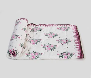 Indian Traditional Floral Hand Block Print Pure Cotton Filled Baby Quilt Blanket - Picture 1 of 6