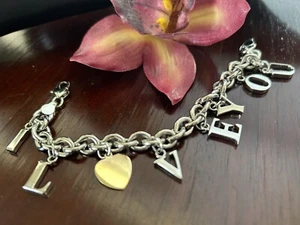 Brazalete dijes de plata esterlina 925 I LOVE You con dije de corazón de 14k - Imagen 1 de 8