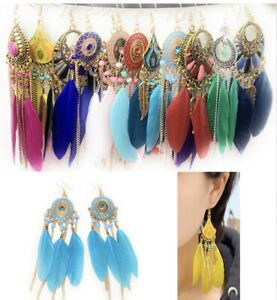 Feather Chandelier Earrings Gold Gypsy Boho Tribal Tassel - Pierced or Clip On