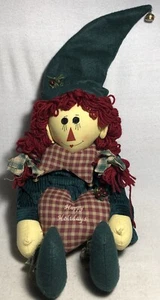 19” Primitive Farmhouse Green Rag Doll Folk Art Fabric Raggedy Homemade Decor - Picture 1 of 11