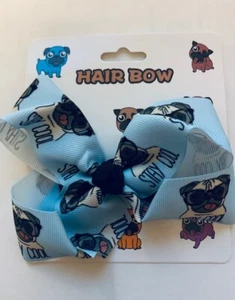 Stay Cool Pug-dog Hair Bow Clip 5 Inch Blue Bow Background and Brown Pug - Picture 1 of 1