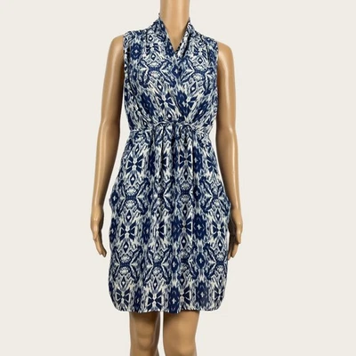 Vestido justo Bar III XS azul branco estampa Ikat amarrar costas bolsos forrados casual - Imagem 1 de 4