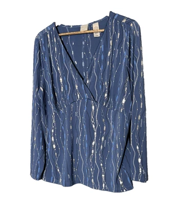 Top de nailon Emma James azul adornado 2X babydoll imperio cintura plata geométrico Foto 1 de 4