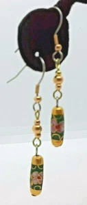 VINTAGE CLOISONNE BEADED GREEN 1 1/4" TUBE & BALL DROP DANGLE EARRINGS NEW - Picture 1 of 2