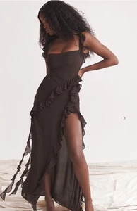House Of CB Dress Size S Long Maxi Ariela Ruffle Side Slit Gown Brown Expresso - Picture 1 of 24