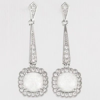 7x7 White Fire Opal Cabochon Silver Jewelry Drop Pierced Earrings - Image 1 of 4