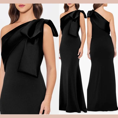 NUEVO S269 Betsy & Adam [10] Vestido de sirena crepé con lazo satinado en negro #Q1253 Foto 1 de 4