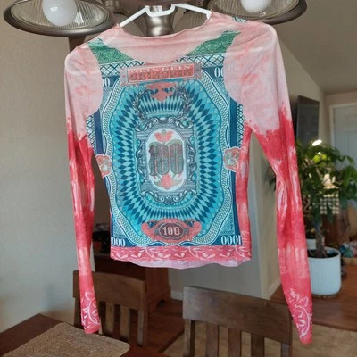 Save The Queen Jean Paul Gaultier Style Mesh Top Womens Sz Small Y2K Red Bl Grn  - Image 1 of 4