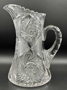 American Brilliant Glass Pitcher Tall Heavy Cut Pinwheel Star Clear Sawtooth - Picture 1 of 20