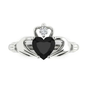 1.55 Irish Celtic Claddagh Real Onyx Classic Designer Ring Solid 14k White Gold - Picture 1 of 11