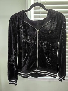 BCBG Women's Black Velour Zip Hoodie, Embellished, Size L - Picture 1 of 5