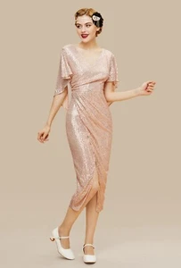 BABEYOND WOMEN’S MERMAID DRESS SZ MEDIUM ROSE GOLD V NECK SHIMMER COCKTAIL PARTY - Picture 1 of 13