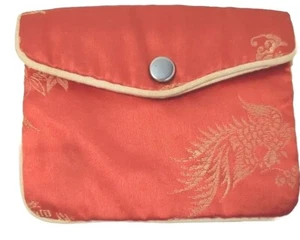 Oriental Silk Dragon Clutch Coin Purse Small Red & Gold Thin Button Embroidered - Picture 1 of 5